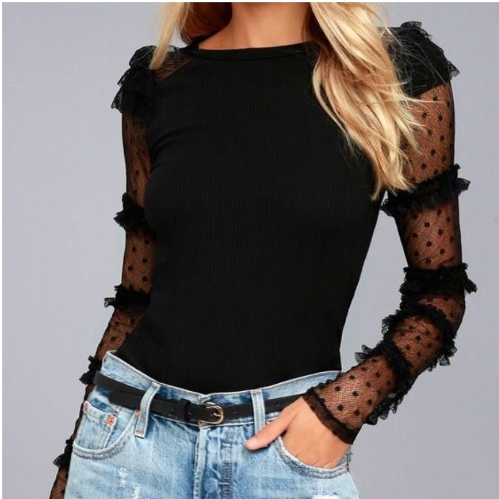 FREE PEOPLE Kiss Kiss Ruffle Lace Trim Mesh Top XS - Picture 5 of 9